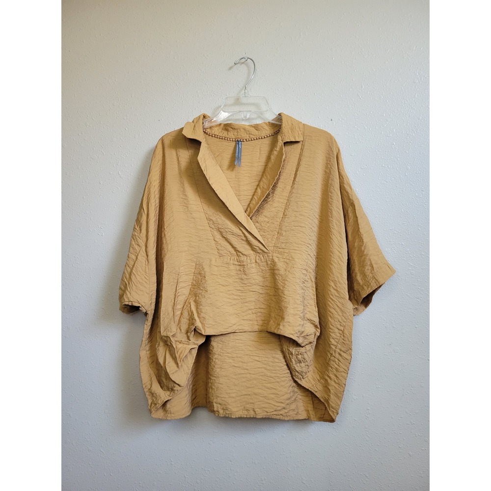 Anthropologie Textured V-Neck Short Sleeve Top Mustard Yellow Oversized Small
